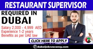 RESTAURANT SUPERVISOR REQUIRED IN DUBAI